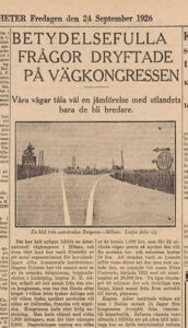 Faksimil DN Artikel om första motorvägen i Dagens Nyheter i september 1926.