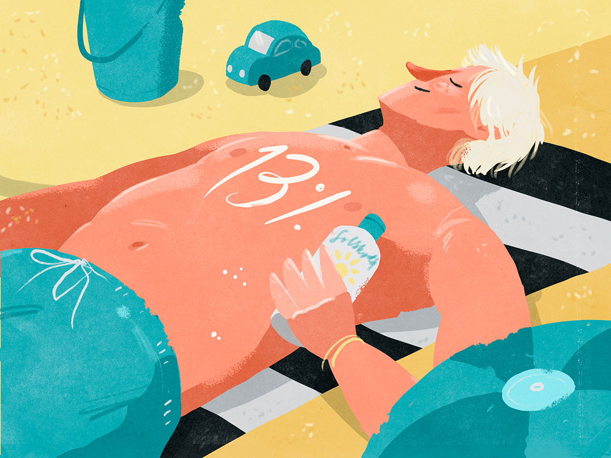 Texkning av man som ligger och solbadar på en badhanduk på en sandstrand, med solkräm, hink, parasoll och leksaksbil bredvid sig.