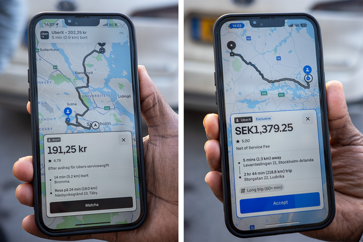 En förare visar upp två föreslagna körningar. Den första är 23 km inklusive utkörning och ger 191 kronor till kassan efter Ubers avgift. Den andra är mellan Stockholm och Ludvika och nästan 22 mil lång. Den ger 1 379 efter Ubers avgifter. Av det brukar anställda chaufförer få drygt hälften. Motsvarande resa med Skellefteå Taxi som har kollektivavtal skulle kosta cirka 6 000 kronor. Chaufförerna kör också här med provisionslön och får en dryg tredjedel av det inkörda beloppet. Foto: John Antonsson